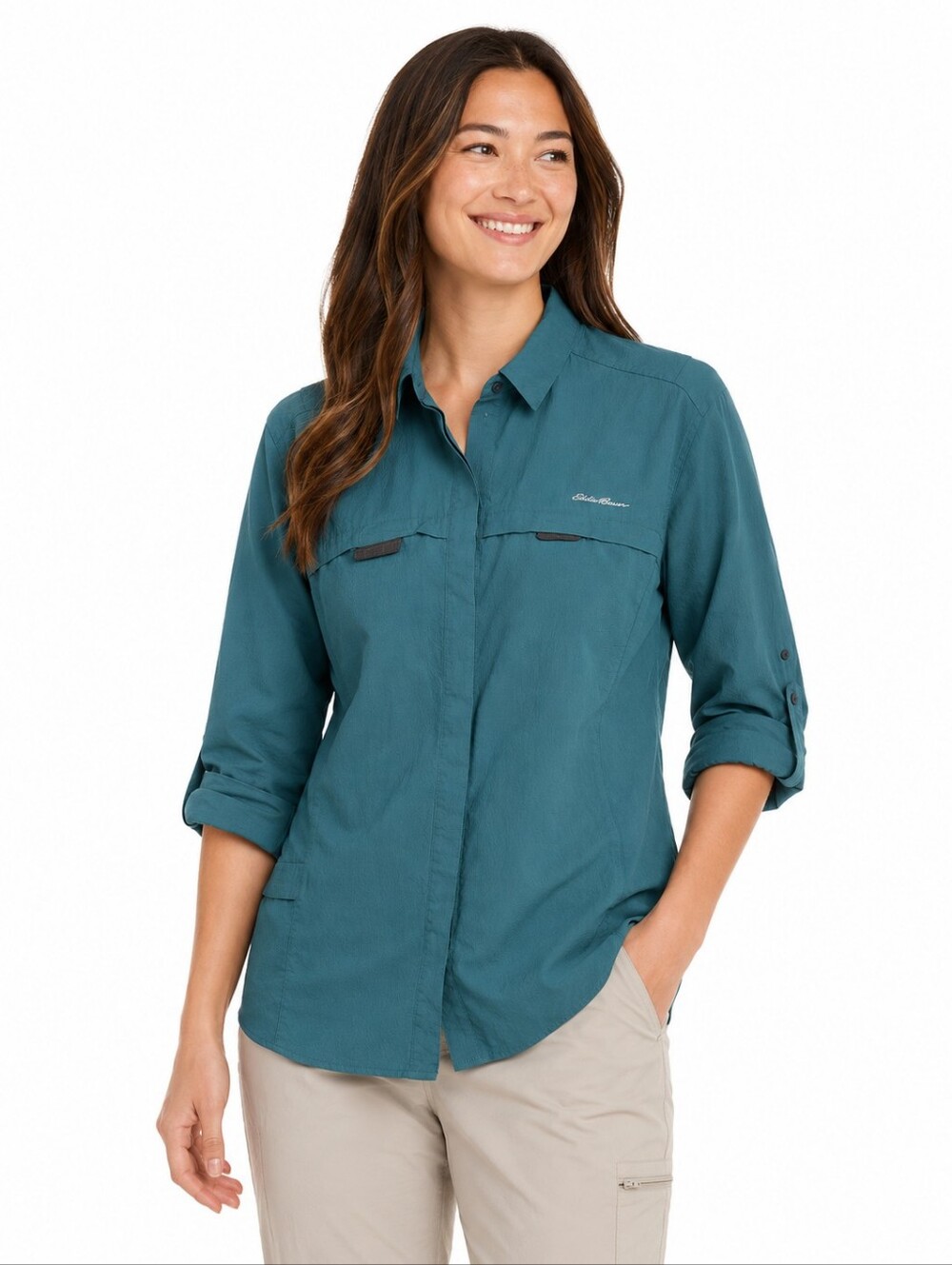 Eddie Bauer Women's Large Teal Long Sleeve Guide Shirt Vented Hiking Fishing
